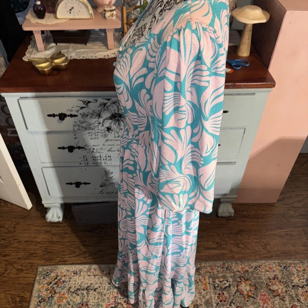 Mary Square Butterfly Sleeve Maxi Dress In Lilac And Teal Sz Medium. Boho.‎